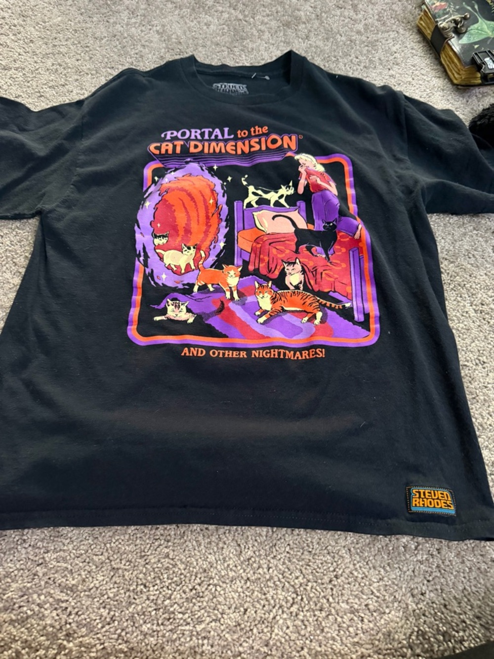 Portal to the Cat Dimension Graphic Tee - Black with Purple & Orange Print